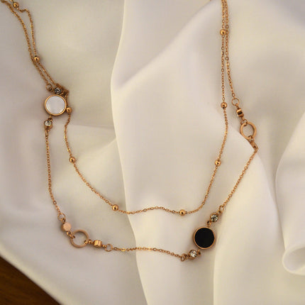 Colier din otel inoxidabil placat cu aur roz de 18k cu Sidef negru si cristale incolore – Serenity Duo vedere detaliata 01S02-0004R