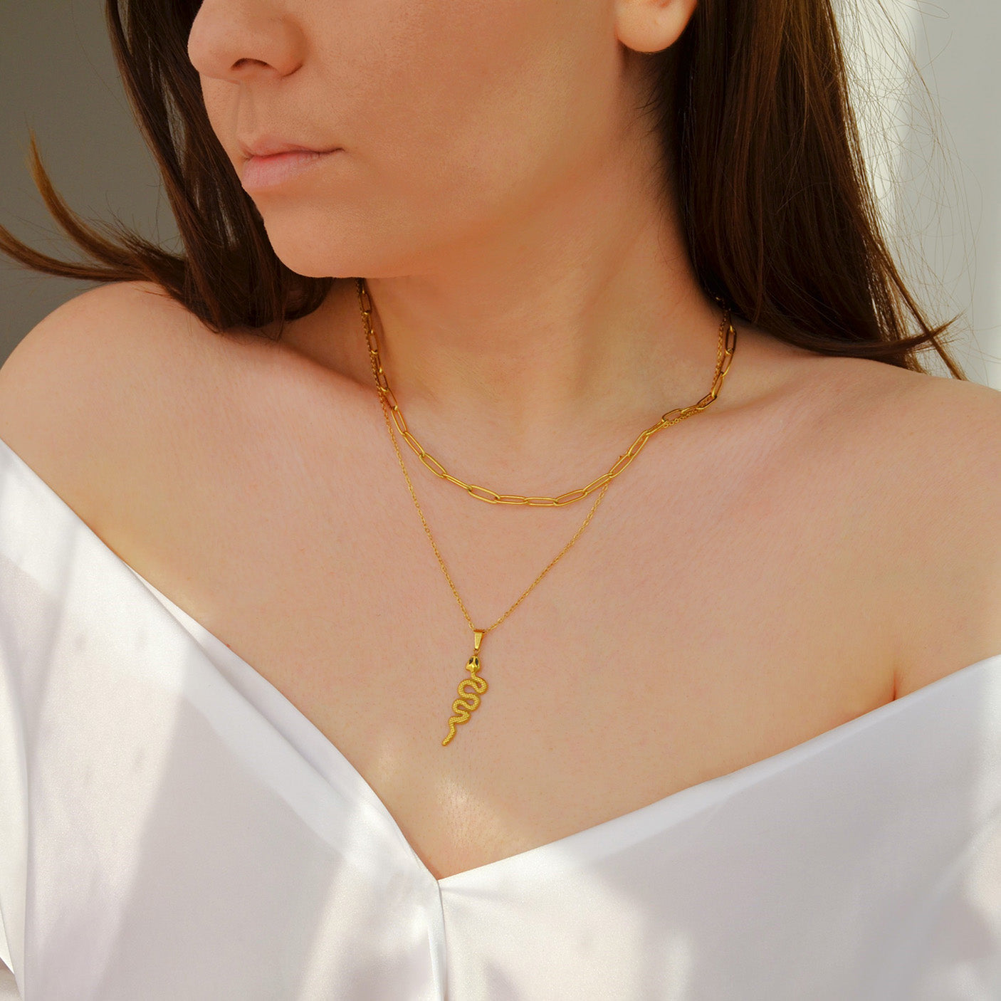 Colier din otel inoxidabil placat cu aur galben de 18k – Serpent Link vedere pe model 01S02-0010G