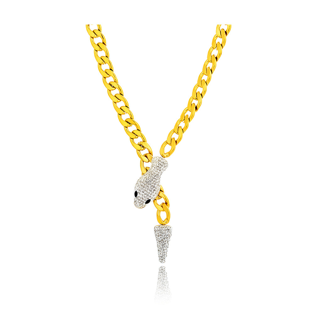 Colier din otel inoxidabil placat cu aur galben de 18k cu cristal incolor Austriac – Serpent’s Kiss vedere pe fundal alb 01S02-0011G