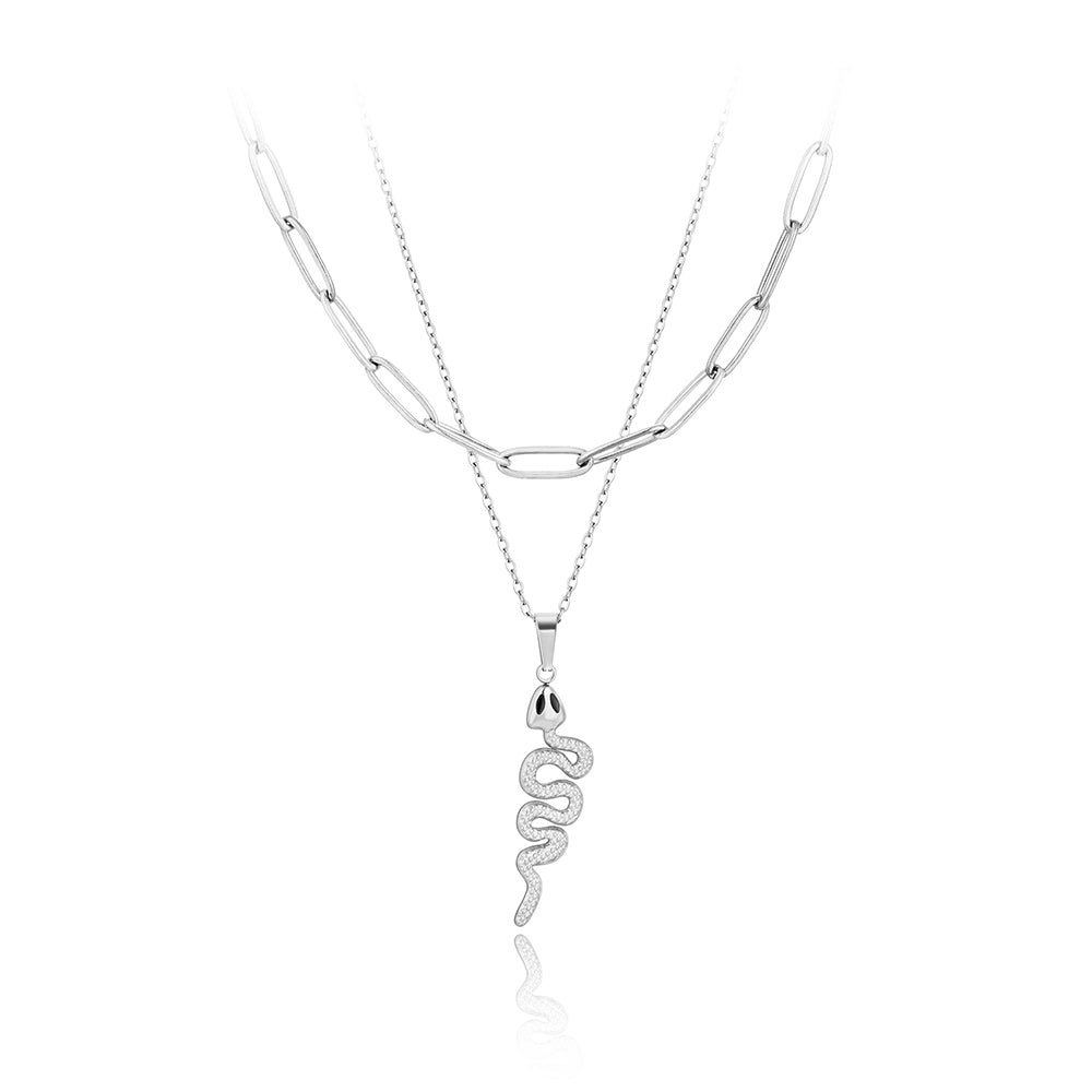 Colier din otel inoxidabil placat cu rodiu – Serpent Link vedere pe fundal alb 01S02-0010