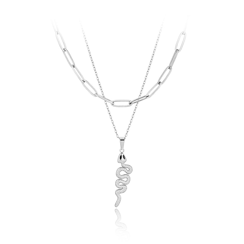 Colier din otel inoxidabil placat cu rodiu – Serpent Link vedere pe fundal alb 01S02-0010