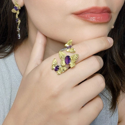 Inel din Argint Reins, cu pietre semi-pretioase din Ametist, in forma de future – Butterfly, vedere pe model, 04R01-0008