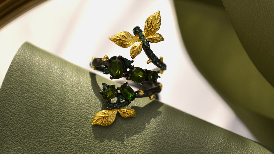 Inel din Argint Reins, cu pietre semi-pretioase din Diopsid – Butterfly Secret Garden, vedere detaliata, 04R01-0006